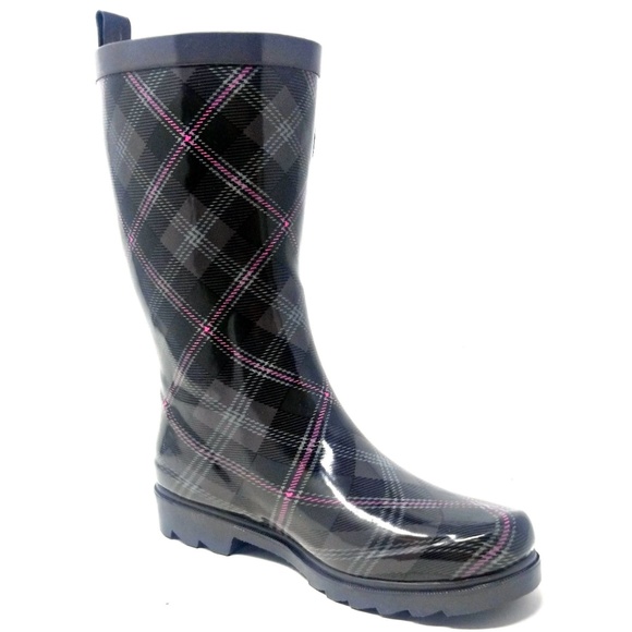 Women Rain Boots, 11" Mid-Calf Rubber Plaid Cute Rainboots Wellies, NEW - Picture 2 of 5